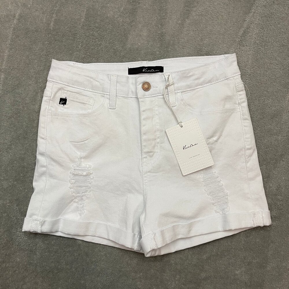 Kancan Distressed Jean Shorts Womens Size 7 27 White Stretch Denim Cuffed